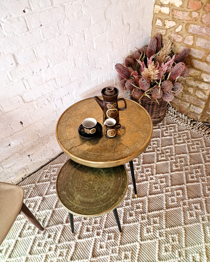 Vintage Indian Brass Top on Dansette Legs Side Table Set