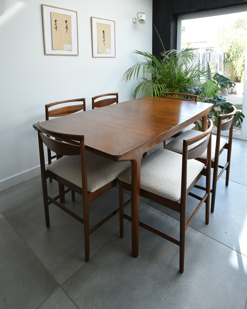 Mid Century Teak Extending Ten-Seater Dining Table and Six Chairs