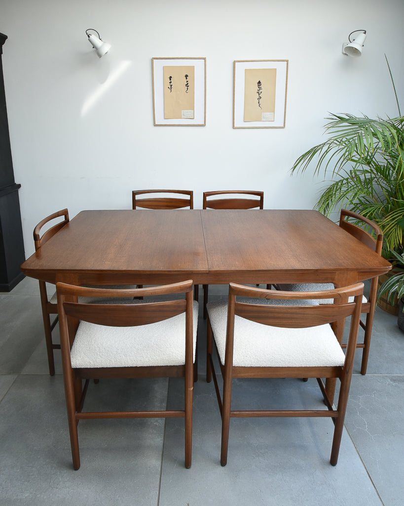 Mid Century Teak Extending Ten-Seater Dining Table and Six Chairs