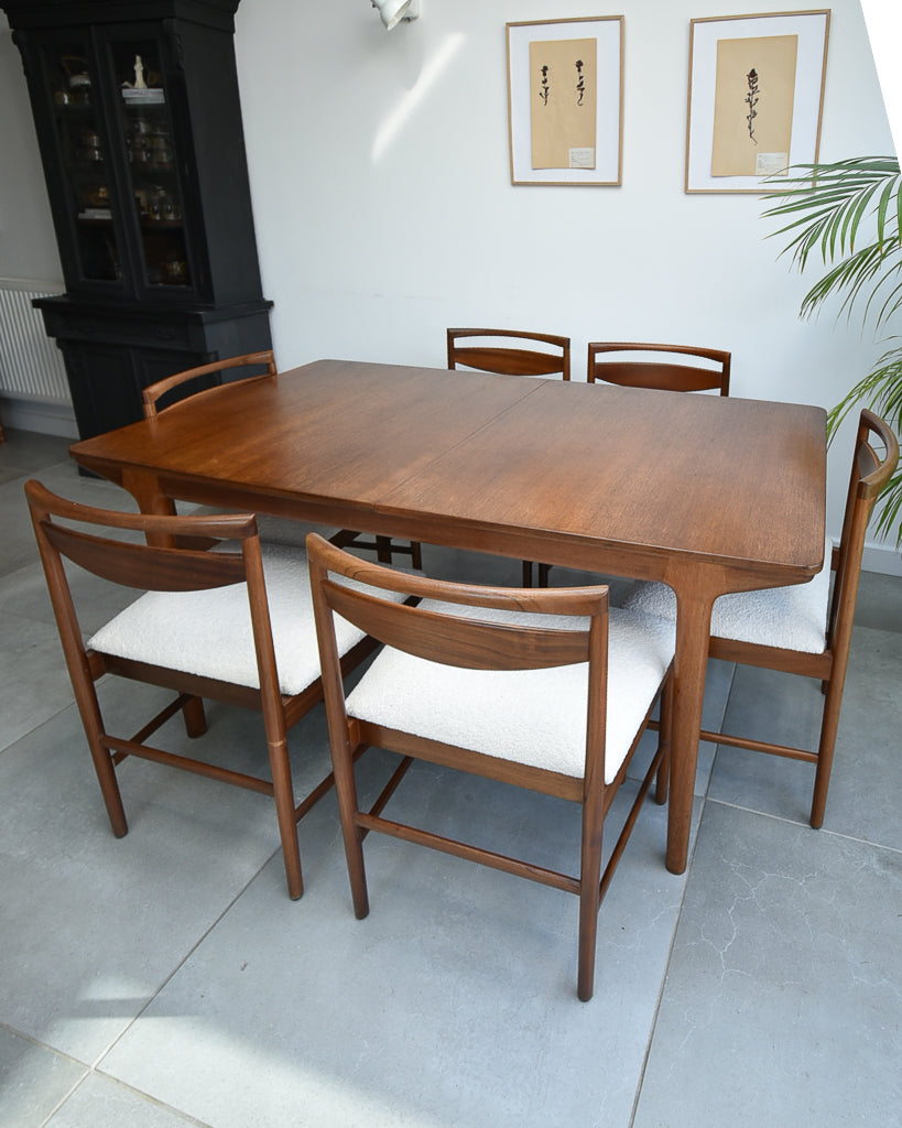Mid Century Teak Extending Ten-Seater Dining Table and Six Chairs