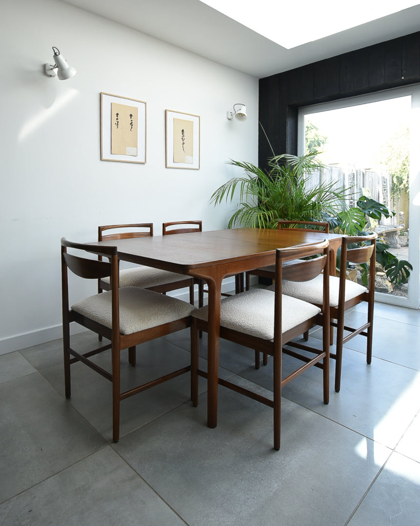 Mid Century Teak Extending Ten-Seater Dining Table and Six Chairs