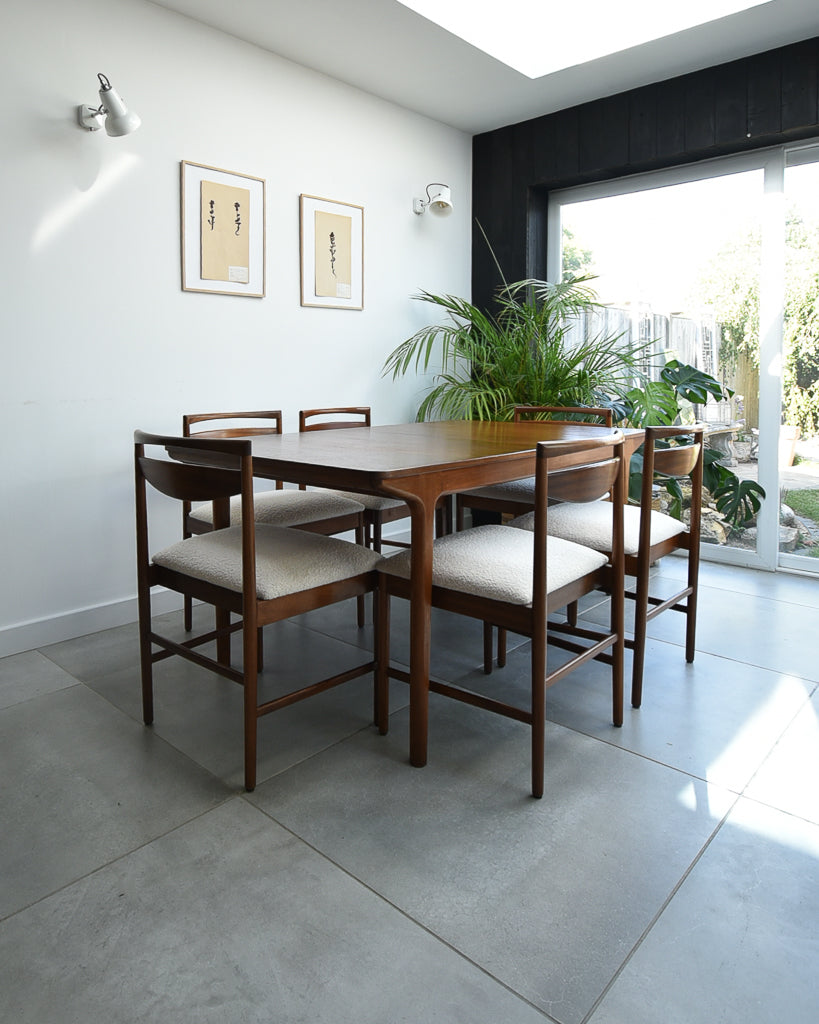 Mid Century Teak Extending Ten-Seater Dining Table and Six Chairs