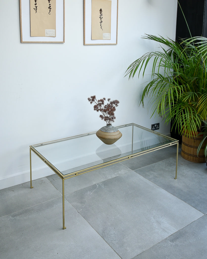 Mid Century Glass & Brass Painted Iron Coffee Table Maison Ramsay Style