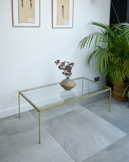 Mid Century Glass & Brass Painted Iron Coffee Table Maison Ramsay Style
