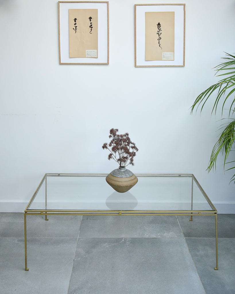 Mid Century Glass & Brass Painted Iron Coffee Table Maison Ramsay Style