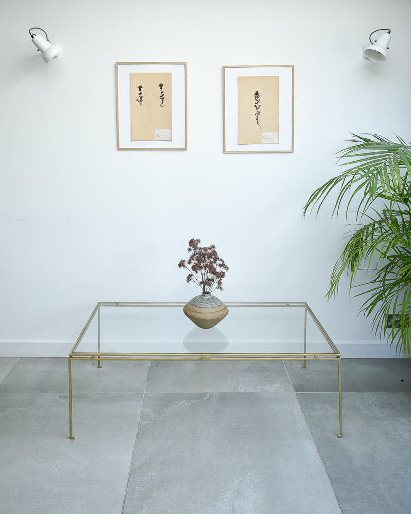Mid Century Glass & Brass Painted Iron Coffee Table Maison Ramsay Style