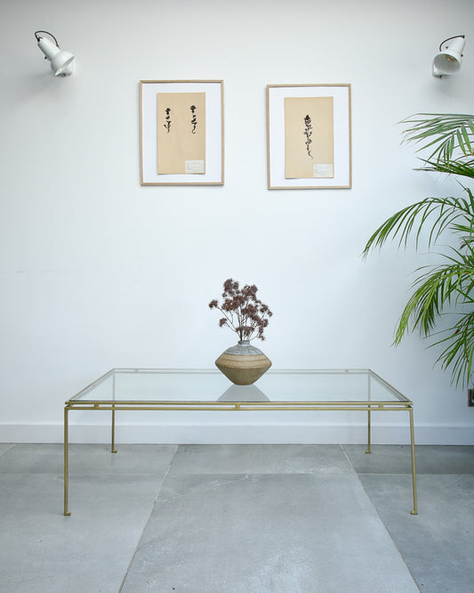 Mid Century Glass & Brass Painted Iron Coffee Table Maison Ramsay Style