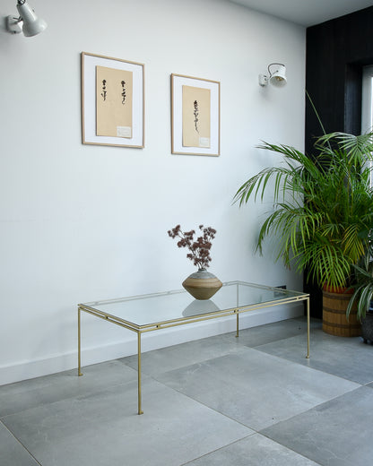 Mid Century Glass & Brass Painted Iron Coffee Table Maison Ramsay Style