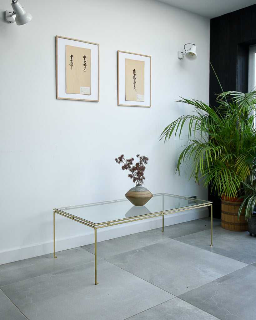 Mid Century Glass & Brass Painted Iron Coffee Table Maison Ramsay Style