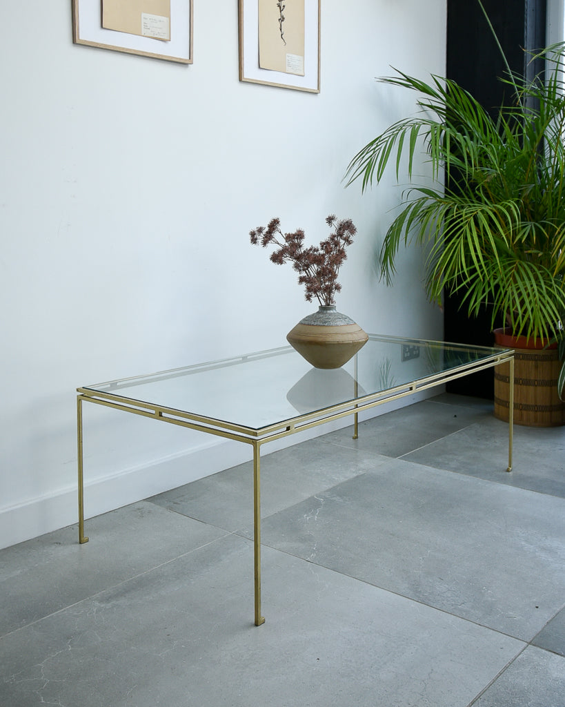 Mid Century Glass & Brass Painted Iron Coffee Table Maison Ramsay Style