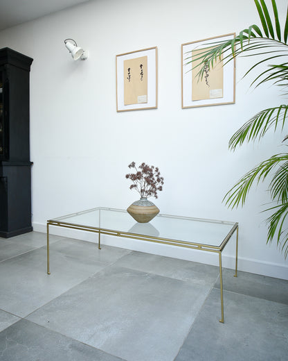 Mid Century Glass & Brass Painted Iron Coffee Table Maison Ramsay Style