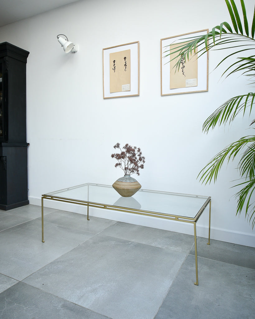 Mid Century Glass & Brass Painted Iron Coffee Table Maison Ramsay Style