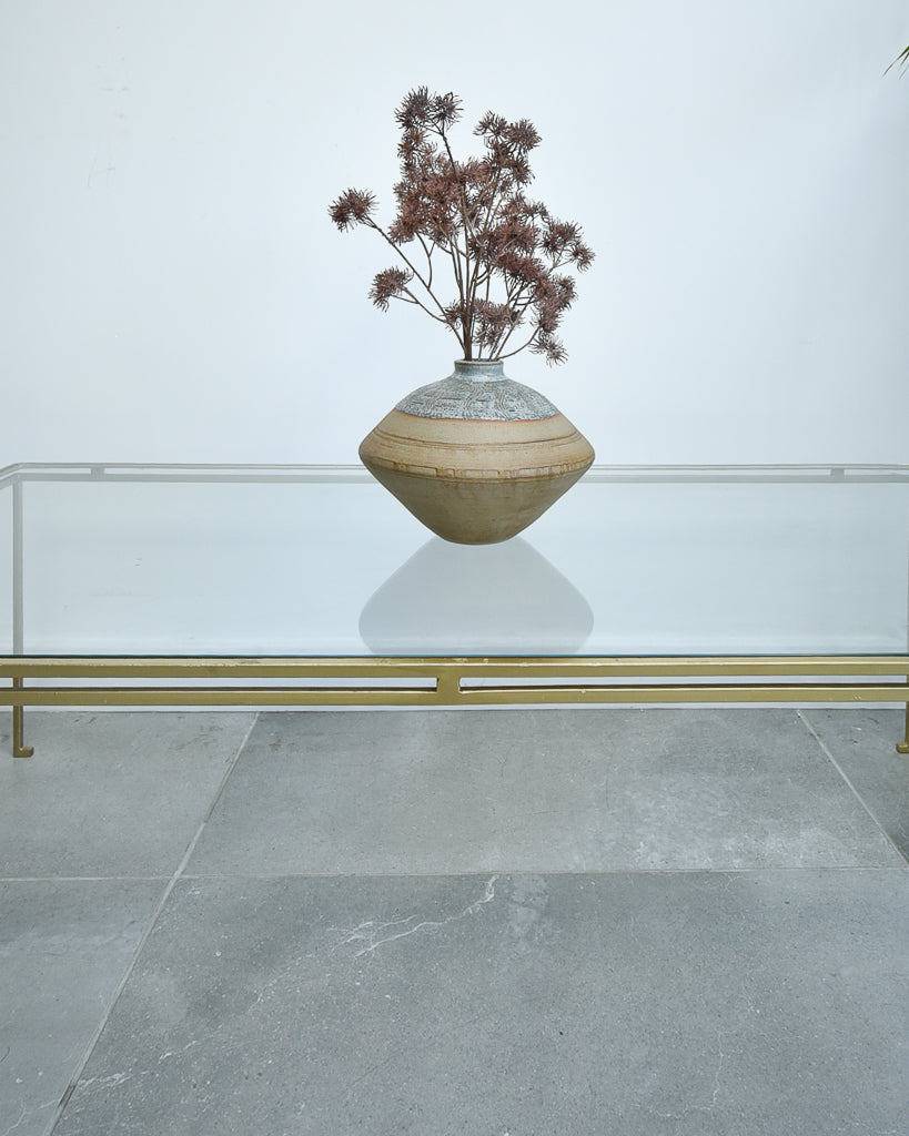 Mid Century Glass & Brass Painted Iron Coffee Table Maison Ramsay Style