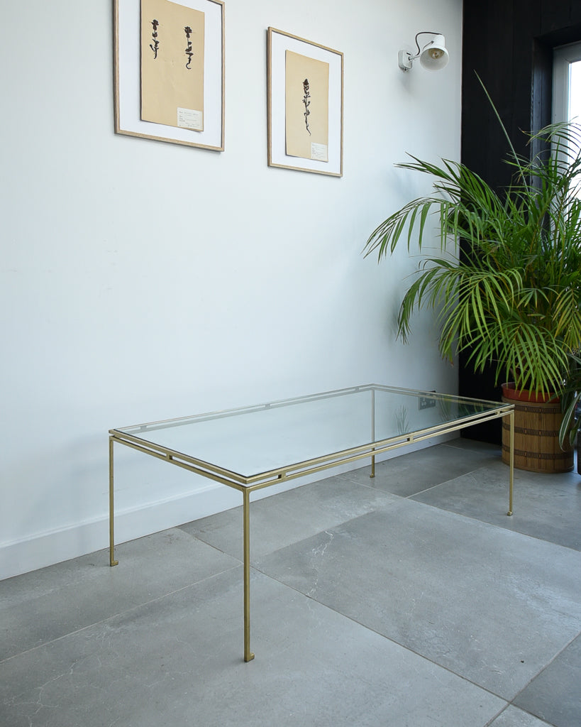 Mid Century Glass & Brass Painted Iron Coffee Table Maison Ramsay Style