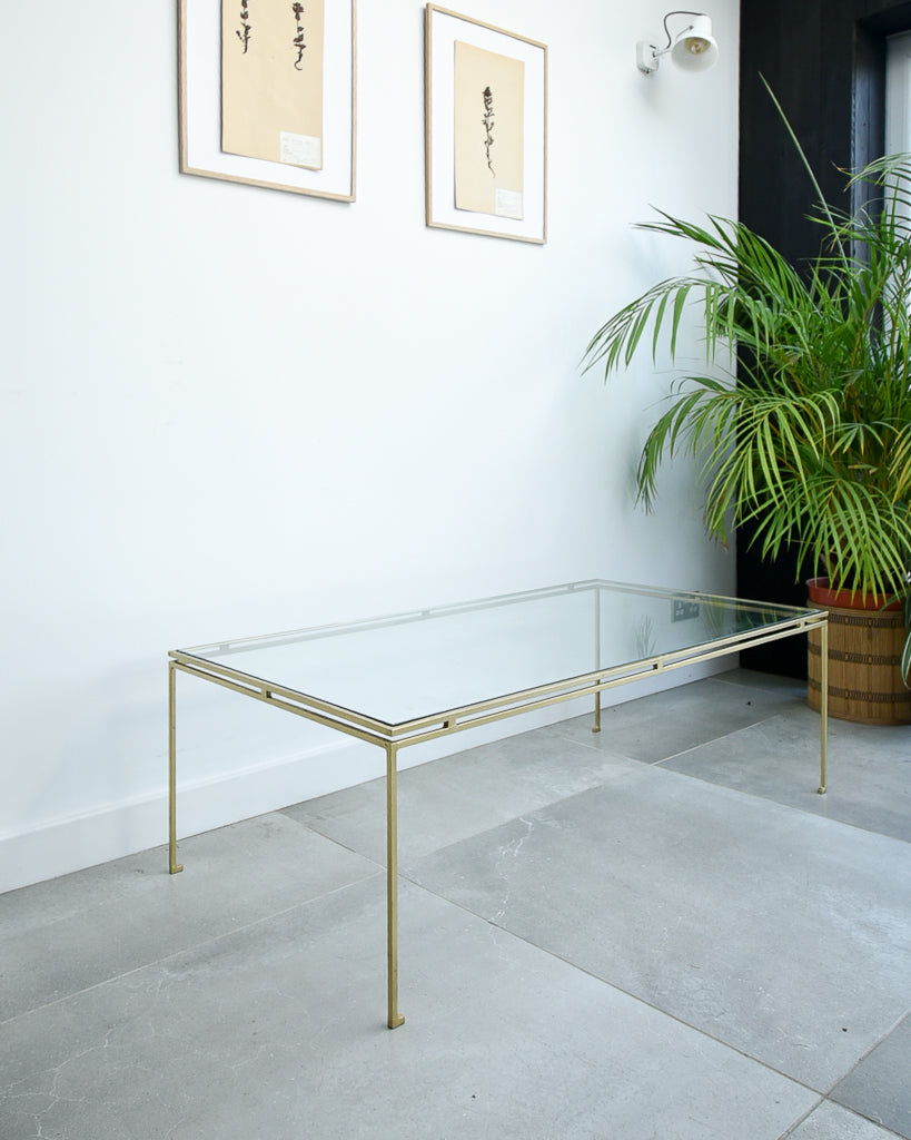 Mid Century Glass & Brass Painted Iron Coffee Table Maison Ramsay Style