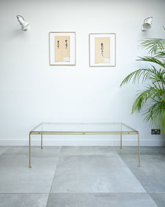 Mid Century Glass & Brass Painted Iron Coffee Table