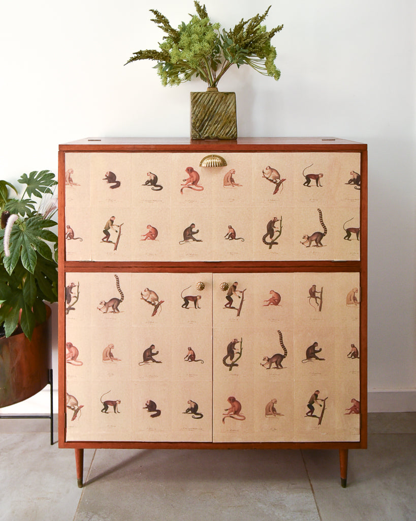 Mid Century Mahogany & Vintage Monkey Prints Cocktail Cabinet