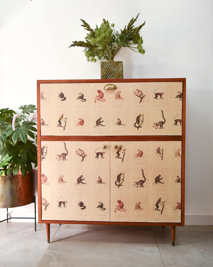 Mid Century Mahogany & Vintage Monkey Prints Cocktail Cabinet
