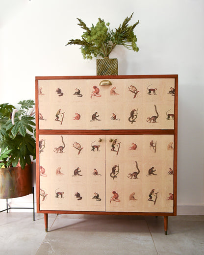 Mid Century Mahogany & Vintage Monkey Prints Cocktail Cabinet