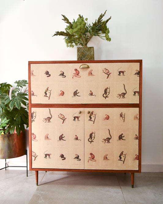 Mid Century Mahogany & Vintage Monkey Prints Cocktail Cabinet