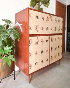 Mid Century Mahogany & Vintage Monkey Prints Cocktail Cabinet