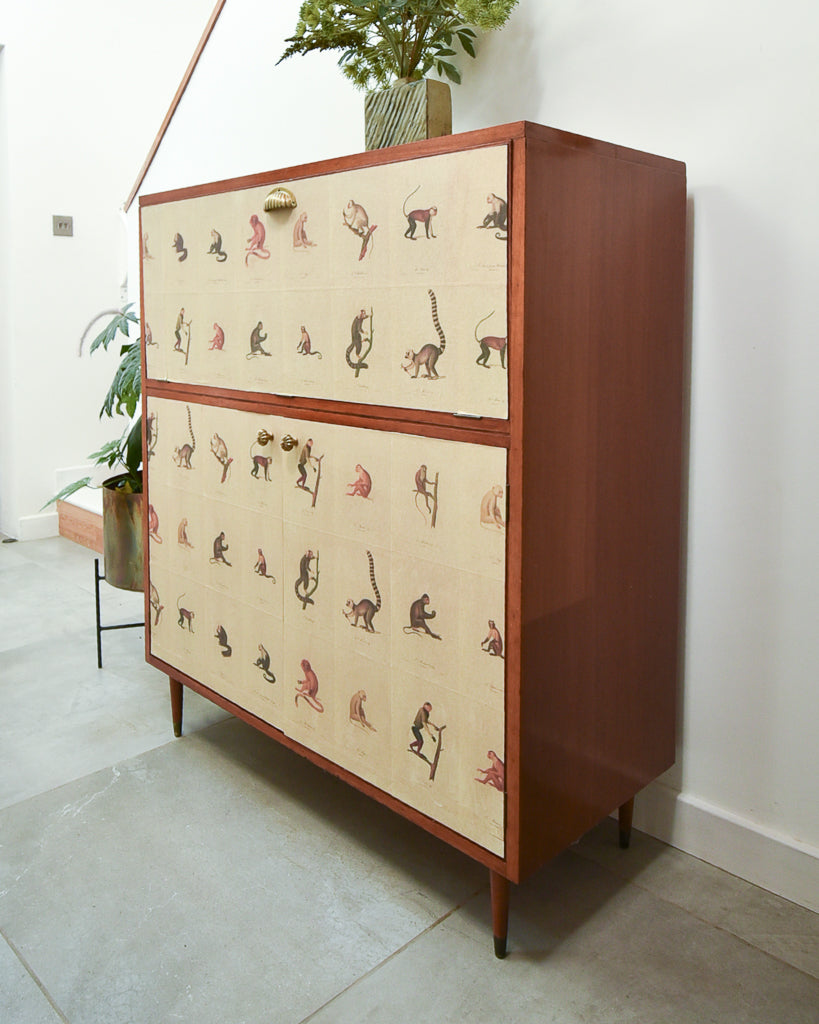 Mid Century Mahogany & Vintage Monkey Prints Cocktail Cabinet