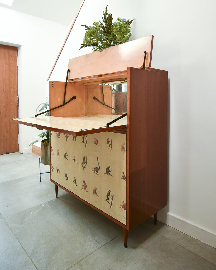 Mid Century Mahogany & Vintage Monkey Prints Cocktail Cabinet