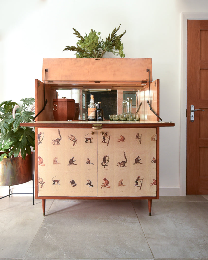 Mid Century Mahogany & Vintage Monkey Prints Cocktail Cabinet