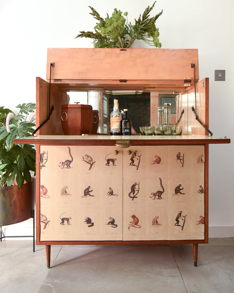 Mid Century Mahogany & Vintage Monkey Prints Cocktail Cabinet