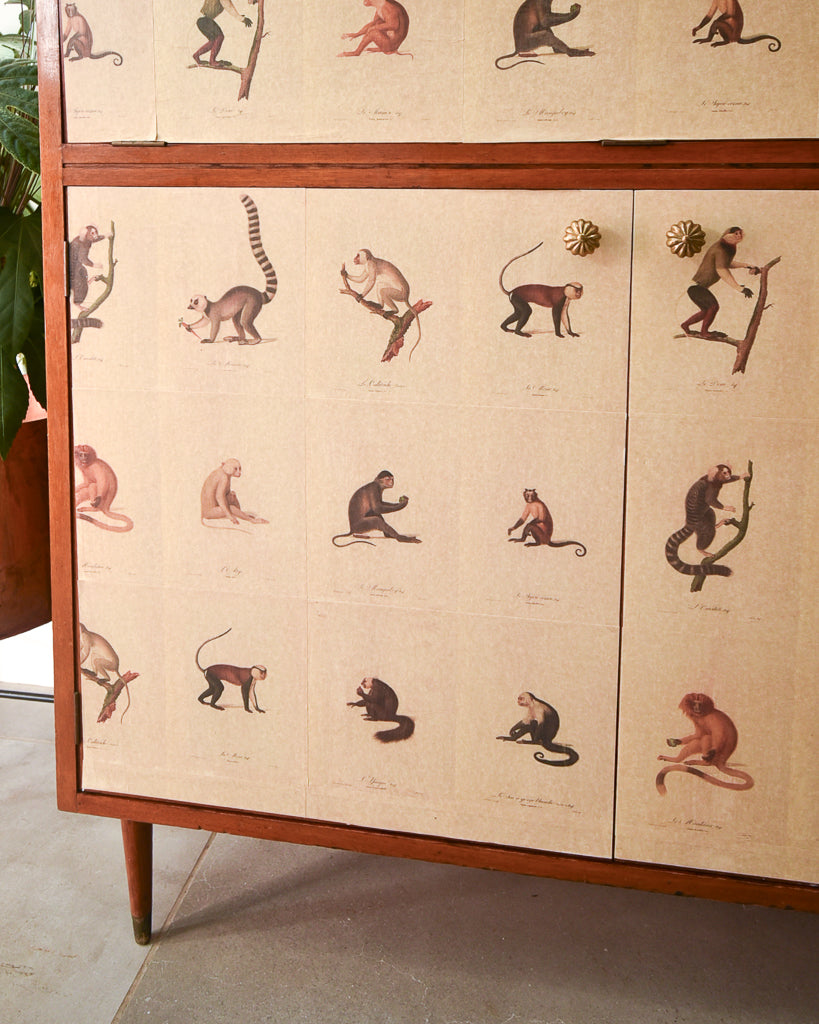 Mid Century Mahogany & Vintage Monkey Prints Cocktail Cabinet