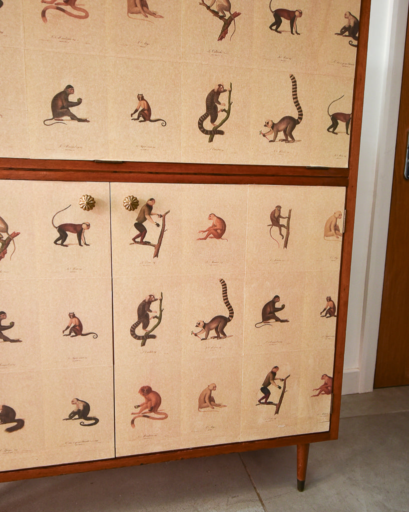 Mid Century Mahogany & Vintage Monkey Prints Cocktail Cabinet