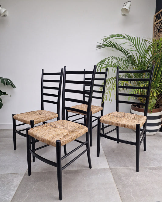 Mid Century Ebonised Ladder Back Dining Chairs