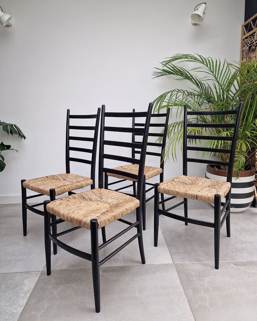 Mid Century Ebonised Ladder Back Dining Chairs