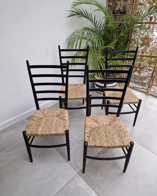 Mid Century Ebonised Ladder Back Dining Chairs