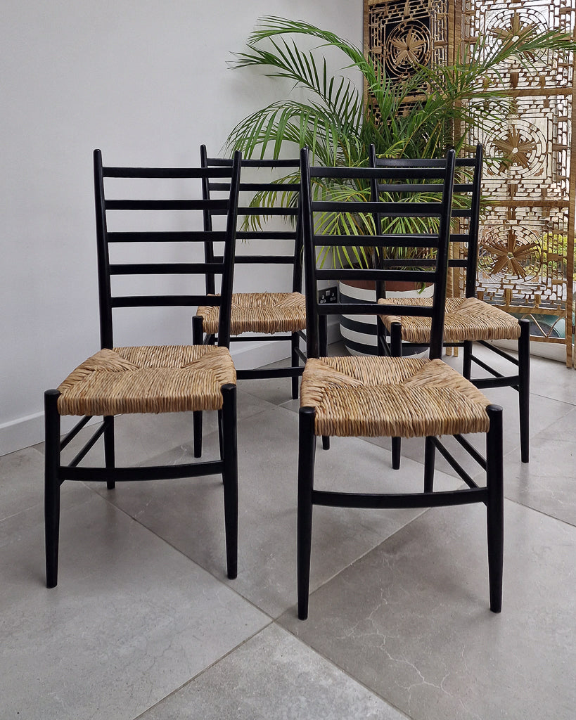 Mid Century Ebonised Ladder Back Dining Chairs