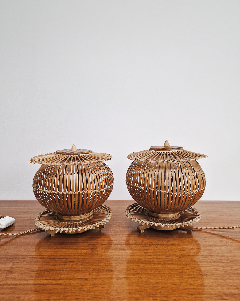 Vintage Bamboo Bedside Table Lamps (Pair)
