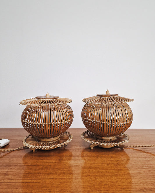 Vintage Bamboo Bedside Table Lamps (Pair)