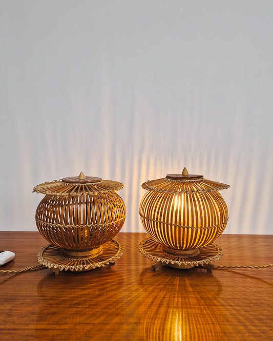 Vintage Bamboo Bedside Table Lamps (Pair)