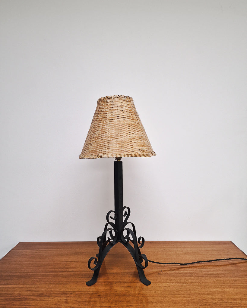 Vintage Wrought Iron Table Lamp with Woven Rattan Shade