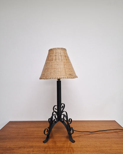 Vintage Wrought Iron Table Lamp with Woven Rattan Shade