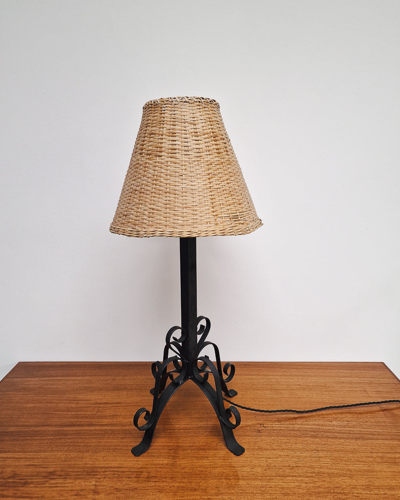 Vintage Wrought Iron Table Lamp with Woven Rattan Shade