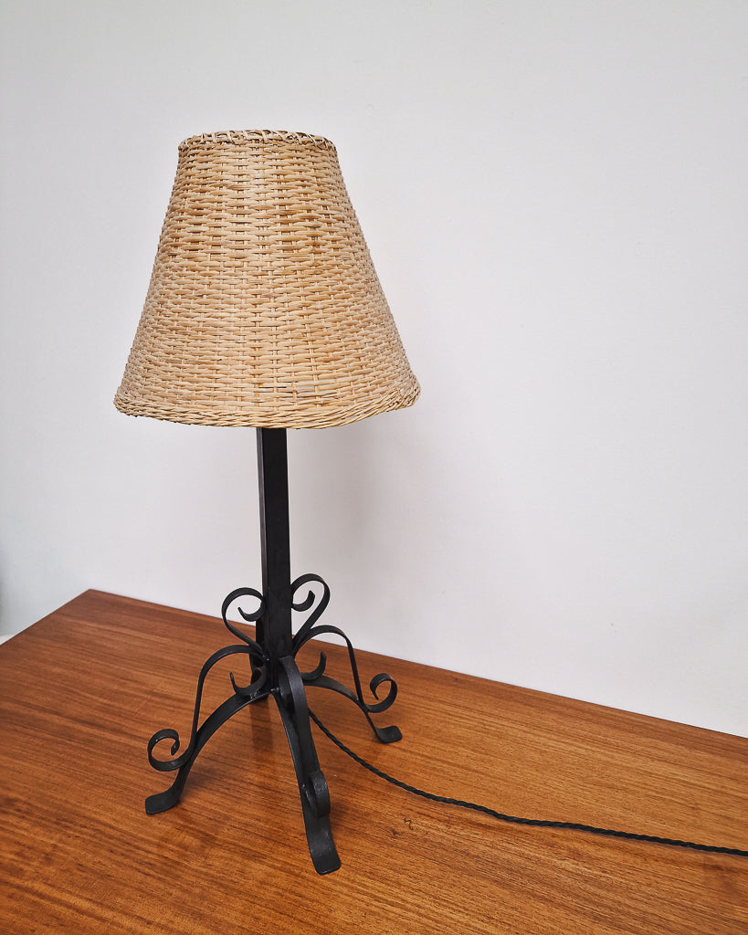 Vintage Wrought Iron Table Lamp with Woven Rattan Shade