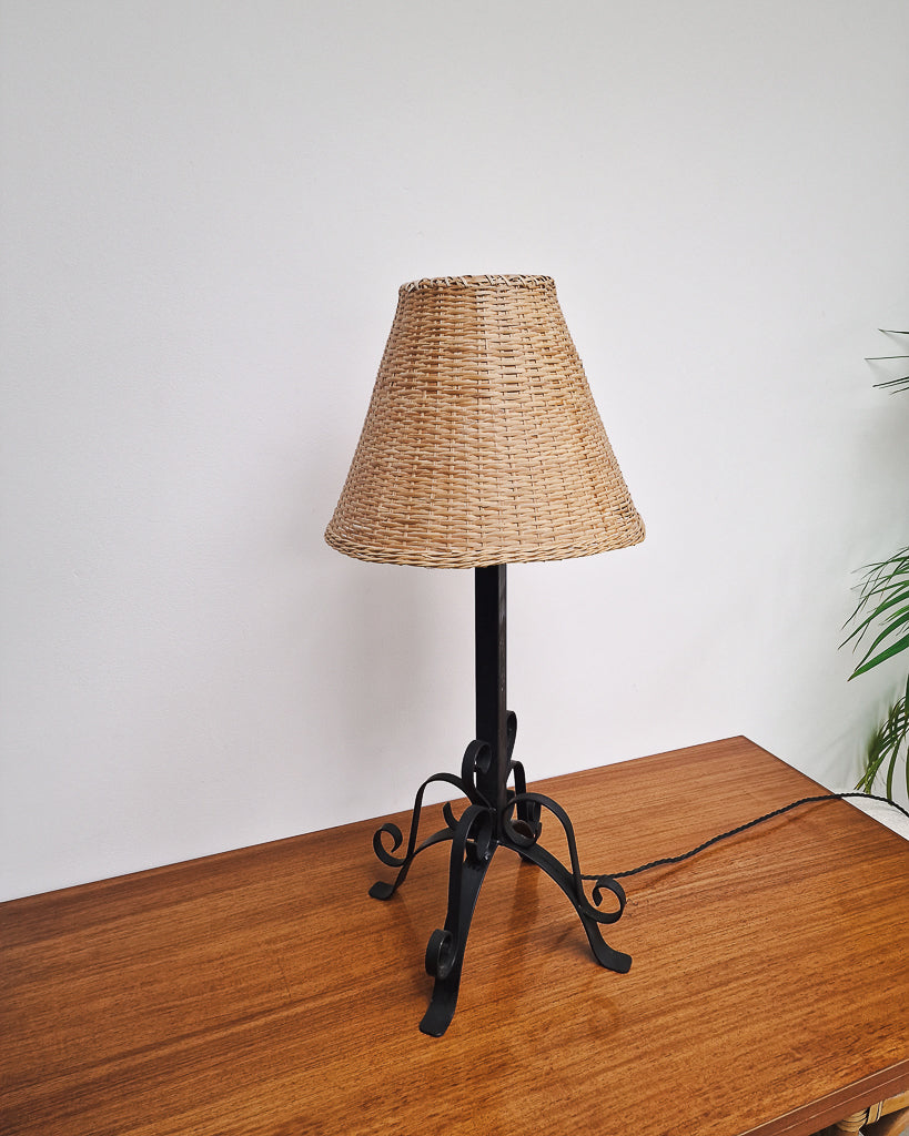 Vintage Wrought Iron Table Lamp with Woven Rattan Shade