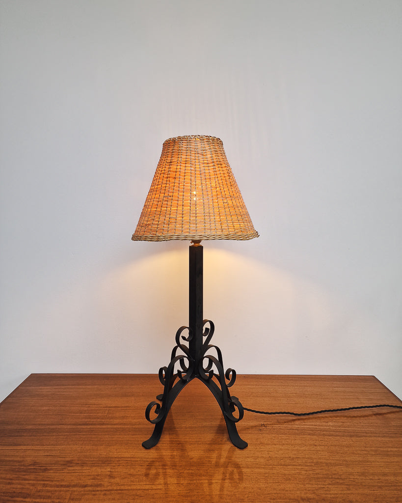 Vintage Wrought Iron Table Lamp with Woven Rattan Shade