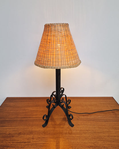 Vintage Wrought Iron Table Lamp with Woven Rattan Shade