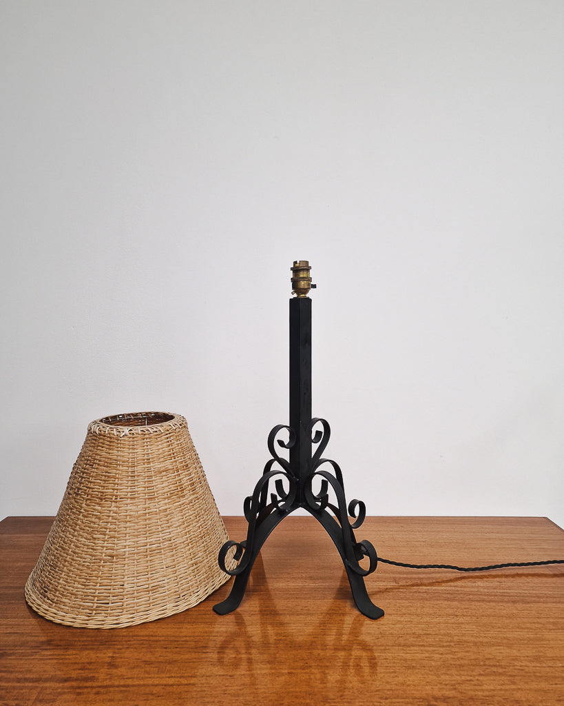 Vintage Wrought Iron Table Lamp with Woven Rattan Shade