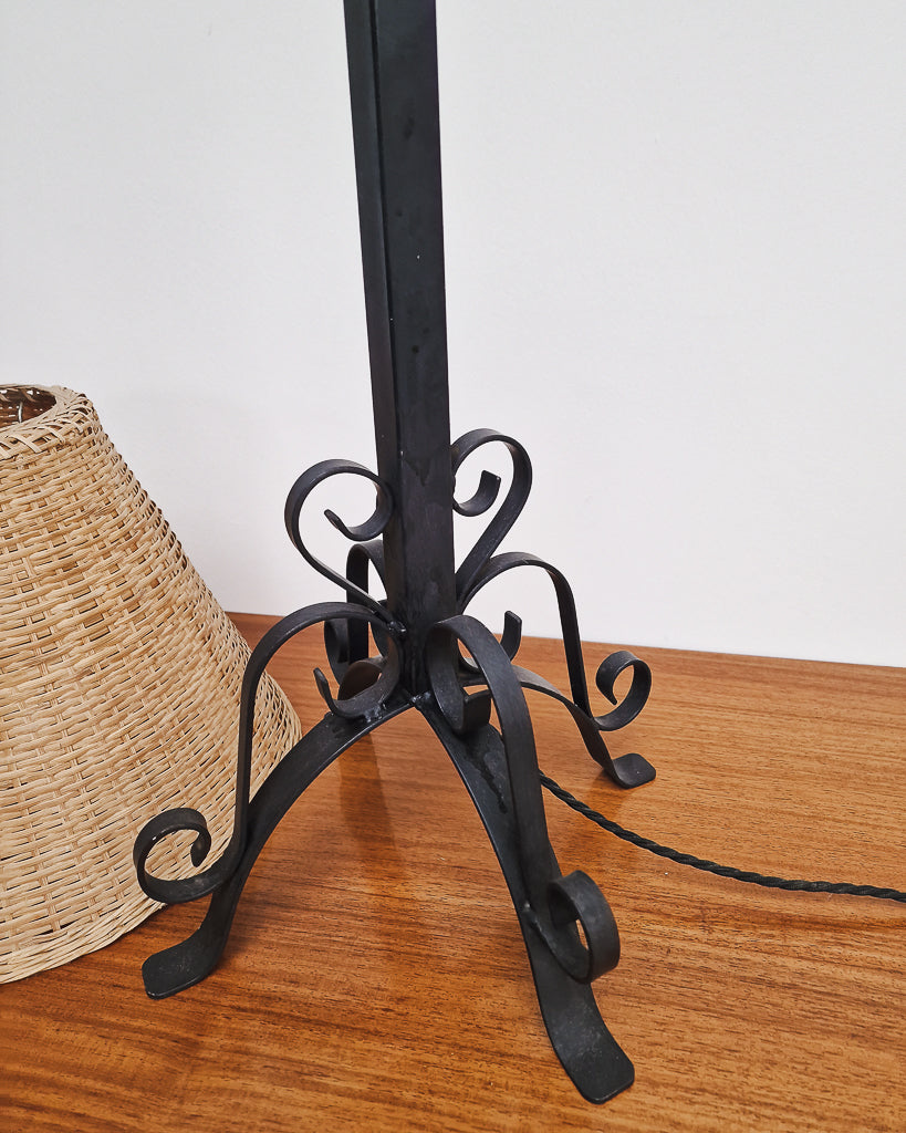 Vintage Wrought Iron Table Lamp with Woven Rattan Shade