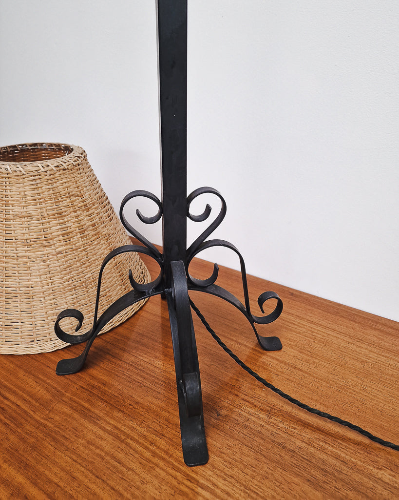 Vintage Wrought Iron Table Lamp with Woven Rattan Shade