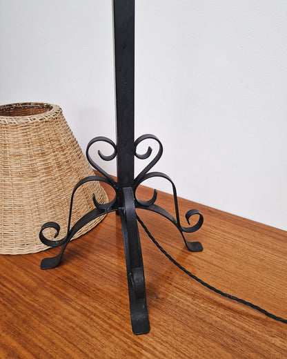 Vintage Wrought Iron Table Lamp with Woven Rattan Shade