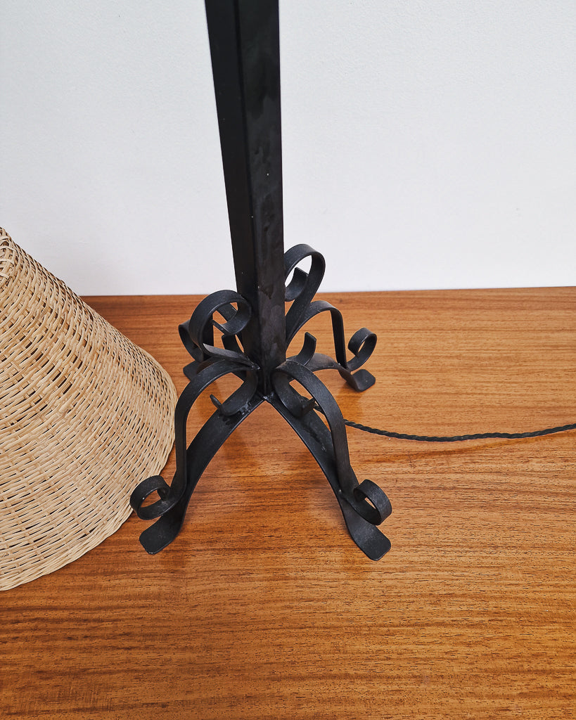 Vintage Wrought Iron Table Lamp with Woven Rattan Shade